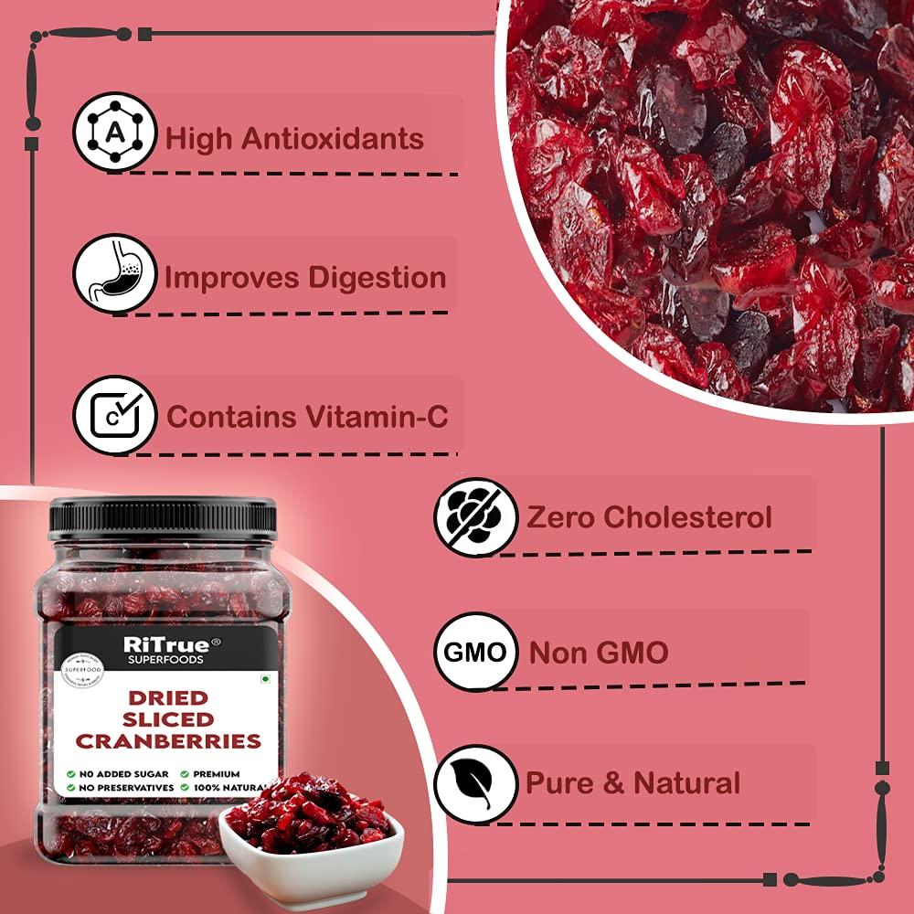 RiTrue RiTrue - Dried Sliced Cranberry - 500 Gm Pouch - (Gluten Free, Vegan & NON GMO) Organic Unsweetened Cranberries Dry Fruits