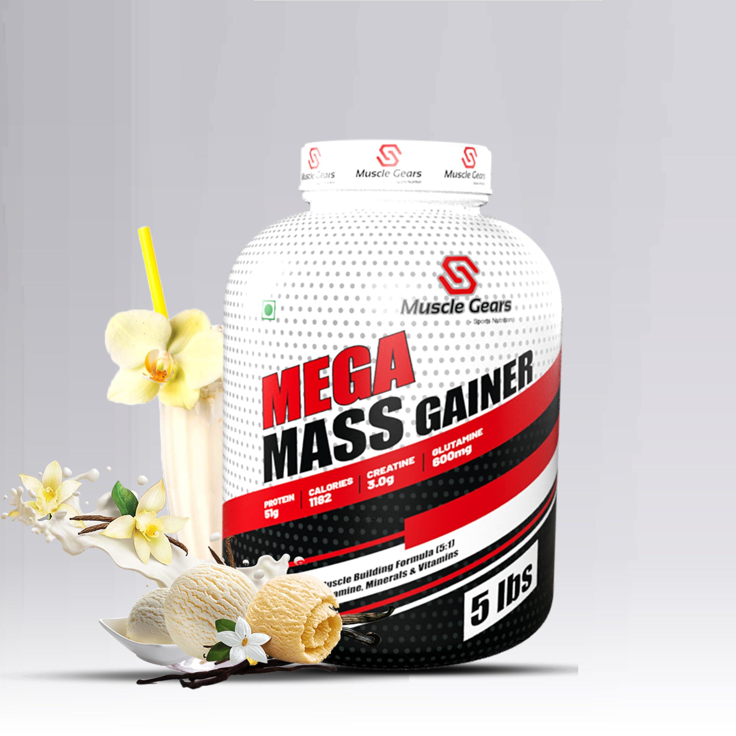 Muscle Gears Muscle Gears Mega Mass Gainer Weight/Mass Gainer Protein powder for Men & Women 5LBS, Strawberry