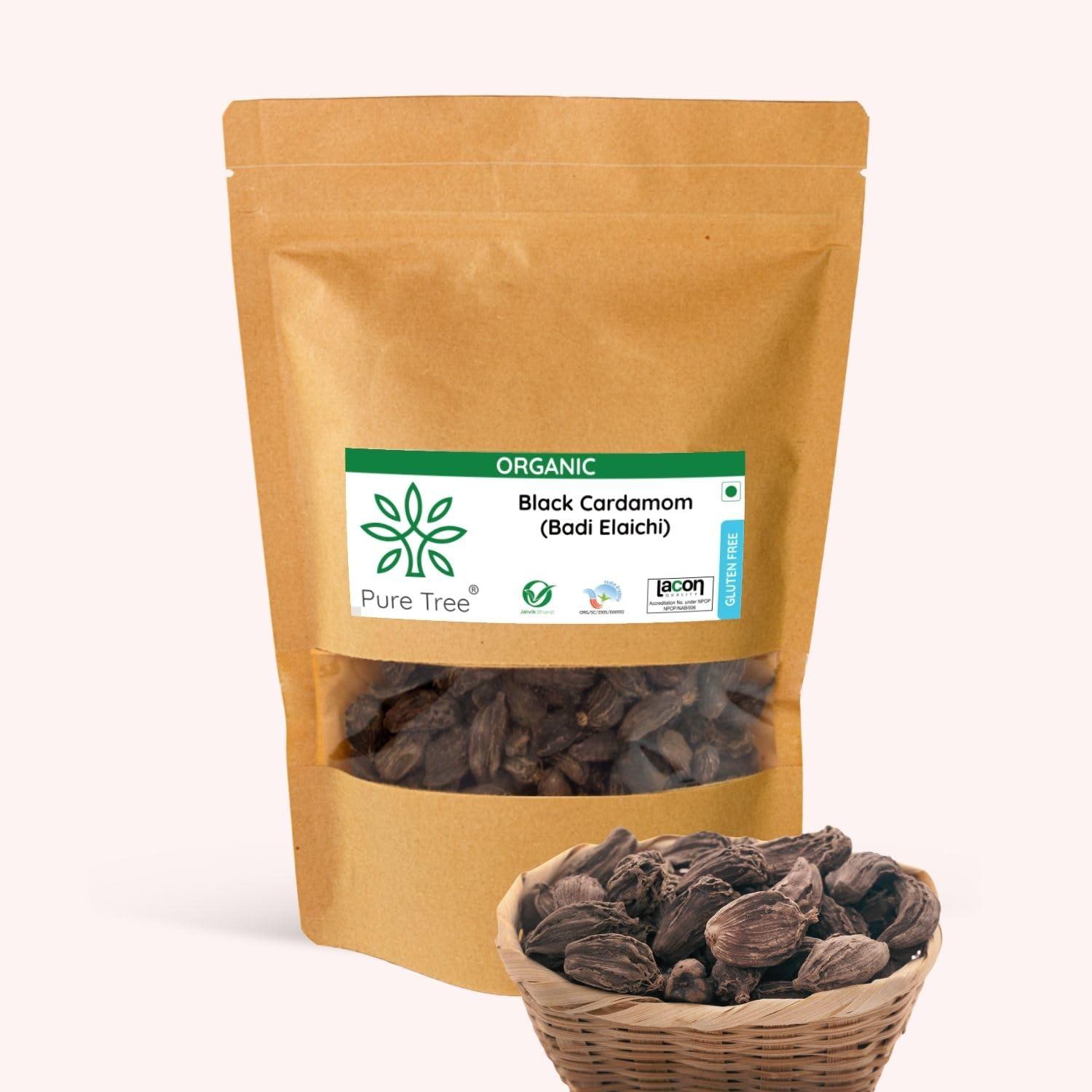 Pure Tree Pure Tree Certified Organic Black Cardamom Whole | 50 g | Badi Elaichi Indian Spice | Moti Elaichi Organic Adds Aroma and Flavour | Cardamom Elaichi Whole