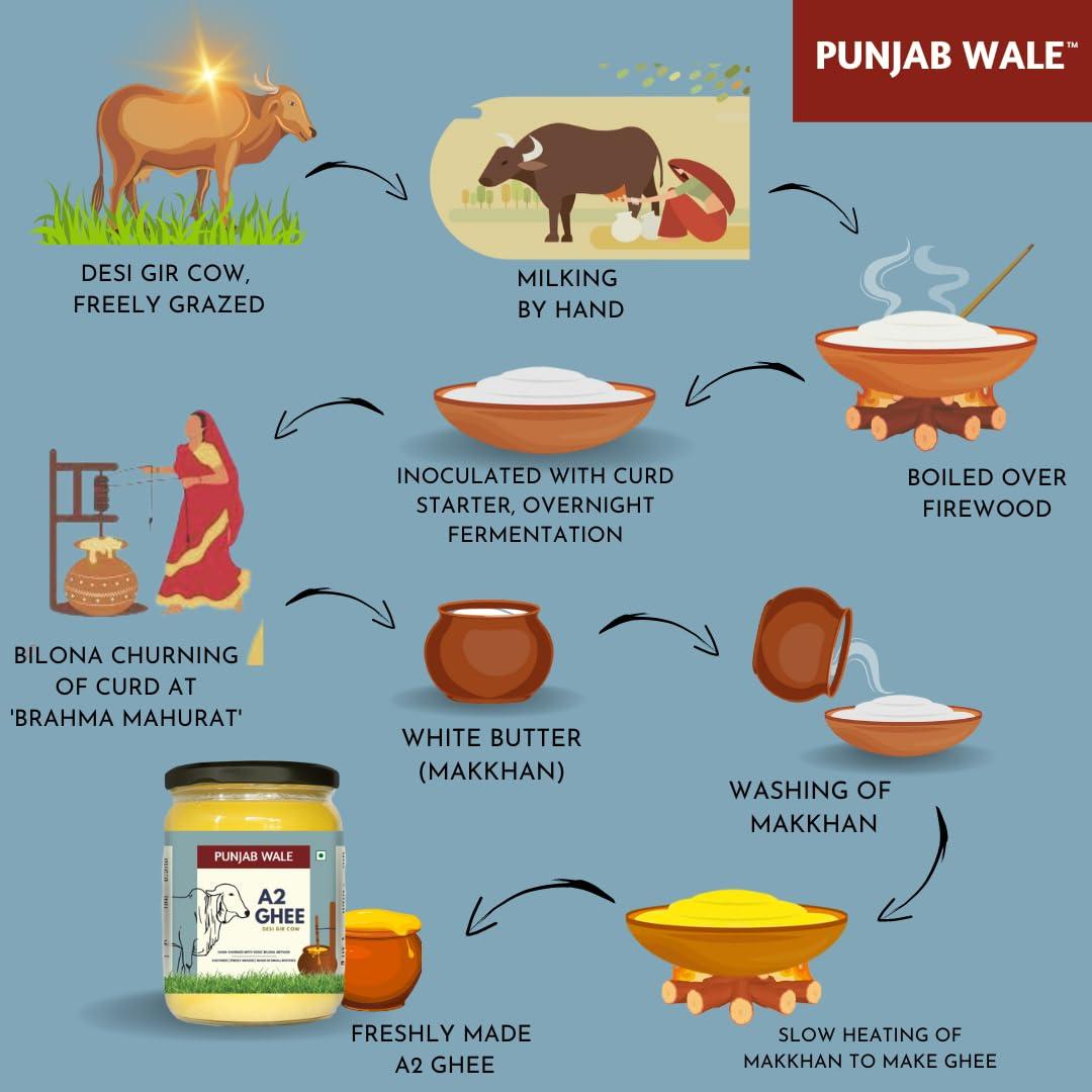 PUNJAB WALE PUNJAB WALE A2 Ghee | Desi Gir Cow | Vedic Bilona Method | Cultured | Hand Churned | Made in Small Batches | Lab Tested| Glass Jar| Grassfed | Premium & Traditional Ghee | 500ml (Pack of 1)