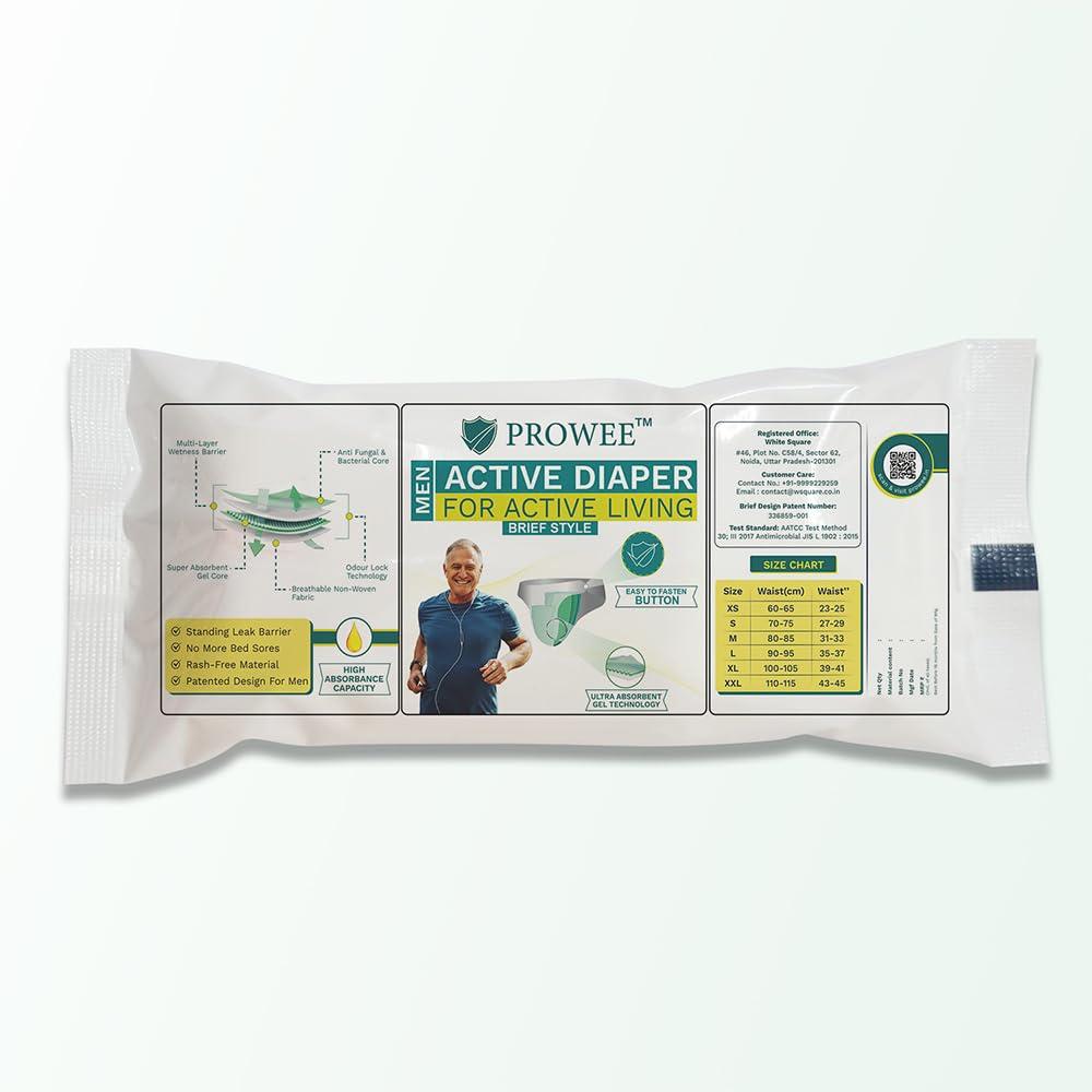 PROWEE Prowee Men Active Diaper For Urinary Incontinence | Brief-Style | Capacity Up To 450ml with Leak Guard (Pack of 5) (L)