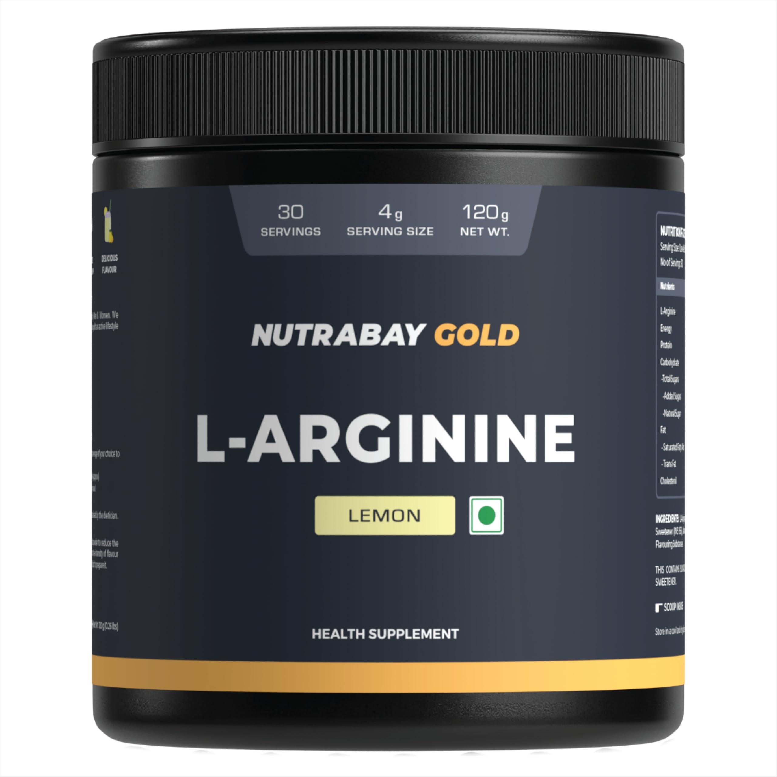 Nutrabay Nutrabay Gold L-Arginine Supplement Powder - 120g, Lemon Flavor | Pre Workout Amino Acid for Endurance, Muscle Building & Faster Recovery