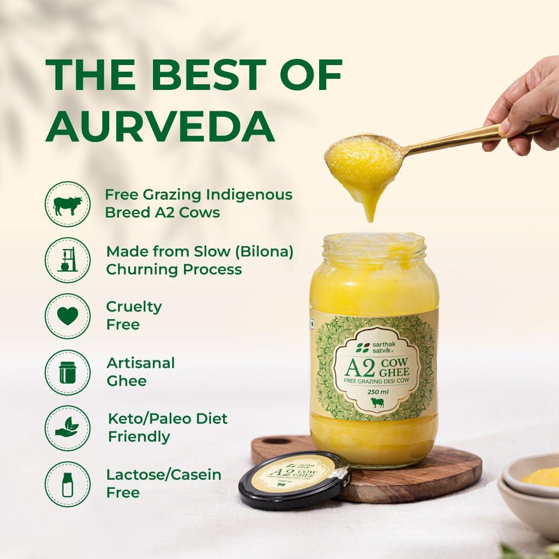 Sarthak Satvik Sarthak Satvik A2 Cow Ghee Desi Organic Butter Pure Nutrient Rich Ghee Made With Traditional Binola Method,Unsalted And Original Ghee,Natural Flavour,Lactose-Free And Keto-Friendly,250 Ml (Pack Of 1)