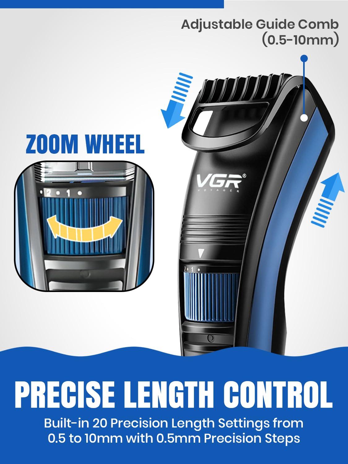 VGR VGR V-052 Professional Hair Trimmer for men  Adjustable Length Settings (0.5-10mm), USB Rechargeable, Cord/Cordless Operation, Washable Head, Includes Guide Comb & Cleaning Accessories (Blue)