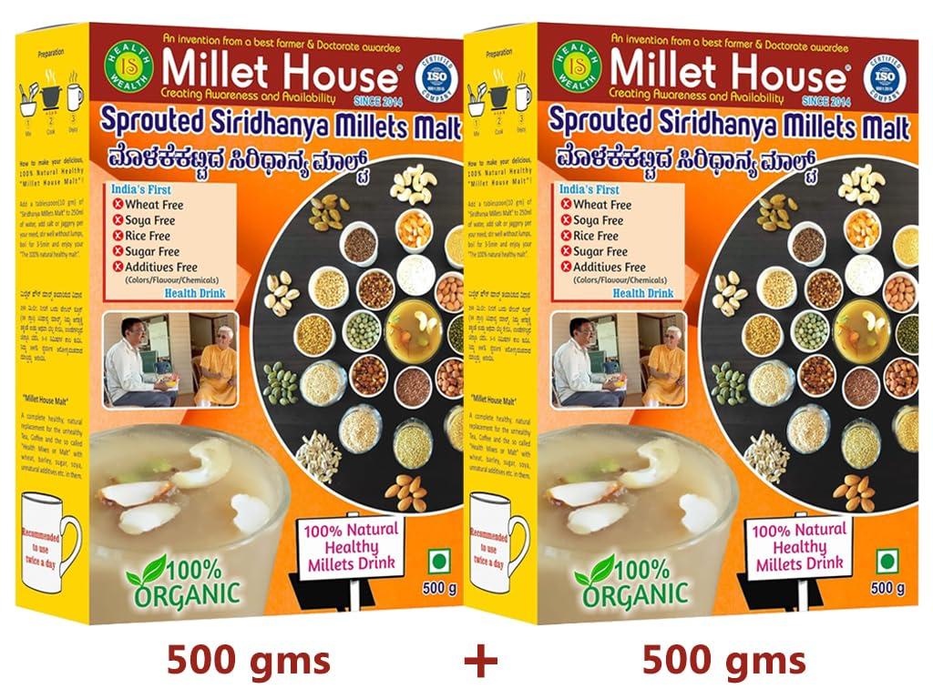 Millet House Millet House Sprouted Siridhanya Millets Malt | 30 Natural Ingredients | 100% Healthy Chemical Free Natural Certified Millet Drink | Traditional Millets Organic Mix (1kg) (500g x 2packs)