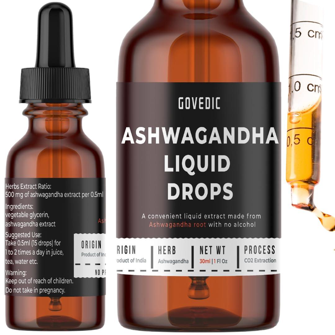 Govedic Ashwagandha Liquid Drops Concentrated 30ml Pack of 1 | 60 Servings of 500mg Organic Root Tincture Extract Supplement | High Potency & Fast Absorption
