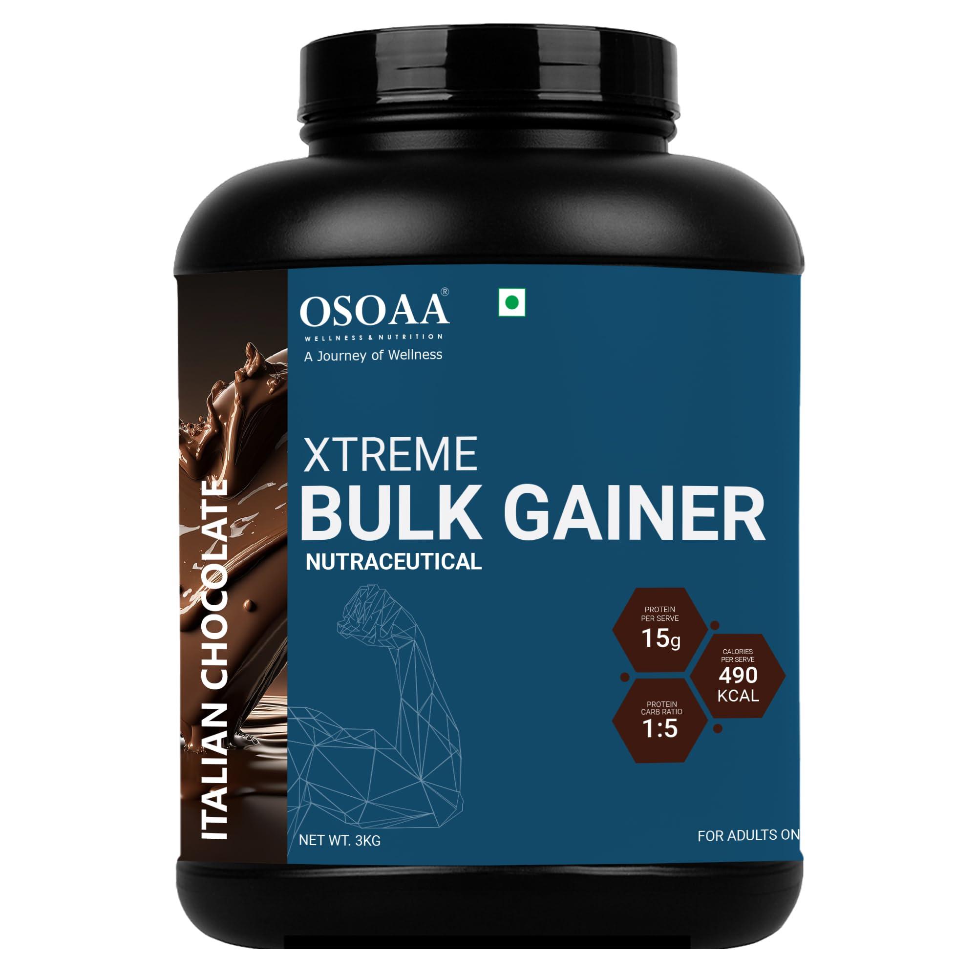 OSOAA OSOAA Bulk Mass Gainer 3Kg | (Italian Chocolate) | 15g Protein |490 Calories | Added 3g Creatine | with Digestive Enzymes | 28 Added Vitamins | For Both Men & Women