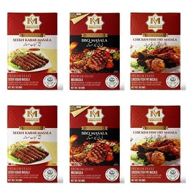 Mirza Sahab Mirza Sahab Kitchen Masala Spices Square BBQ Masala 2x Seekh Kabab Masala 2x Chicken/Fish Fry Masala 2x, Variety Pack, 10.58 oz / 300 g