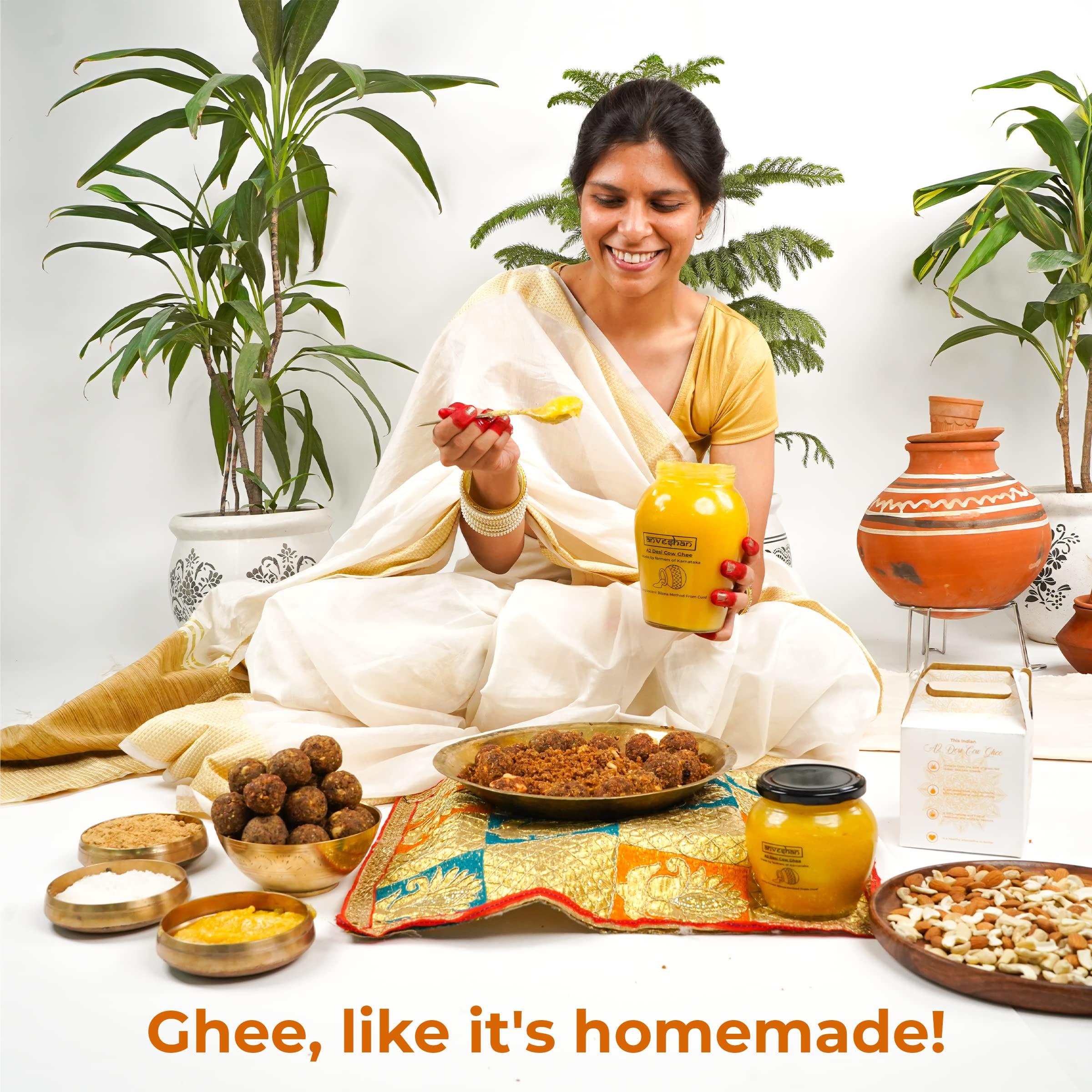 Anveshan Empowering farmers with technology Anveshan A2 Desi Cow Ghee (500ml x 2 Jars) | Glass Jar | Bilona Method | Curd-Churned | Pure, Natural & Healthy | Lab Tested | Grass-Fed Cultured Ghee