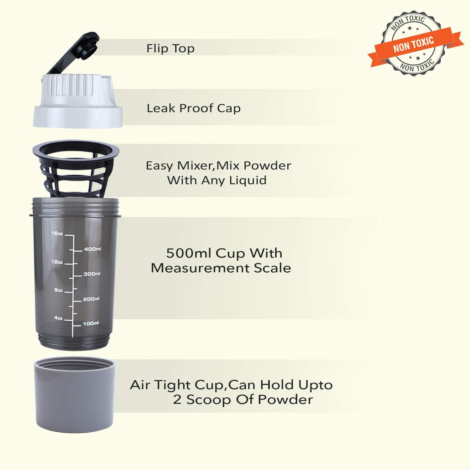 NOHUNT NOHUNT Men\'s and Women\'s Plastic Shake & Sip Gym Sports Protein Shaker Bottles with Multiple Storage compartments, Leak Proof, BPA-Free, Zero odour and Impact Resistant - Blue, 450 ml