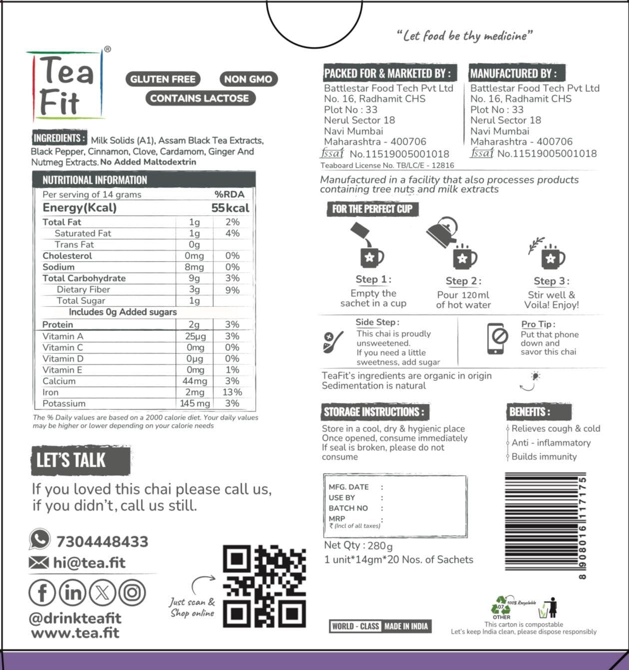 TeaFit TeaFit Premium Zero Sugar Instant Assorted Tea Pack of 24 Sachets (336gm) | Ginger-Cardamom-Masala-Saffron-Lemongrass Instant Milk Tea Premix | Diabetic Friendly | Instant Tea Premix | Tea Powder