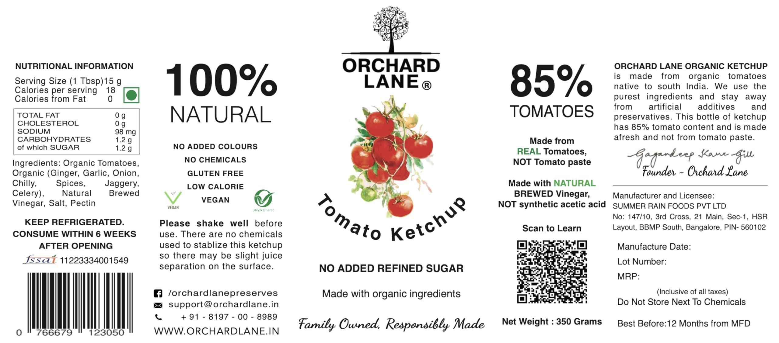 Orchard Lane Orchard Lane Healthy Tomato Ketchup Made With Jaggery And Natural Spices | Homemade Taste | No Preservatives No Msg | Gluten Free| Keto Friendly| Vegan - 350 G