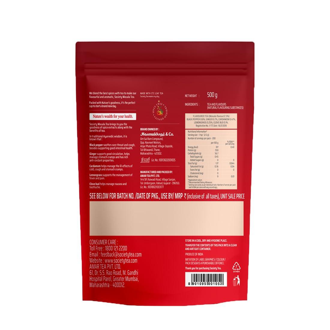 SOCIETY Society Tea Masala Chai|500 Gram Pouch|100% Assam|Pack Of 3|Enriched With Cardamom Ginger Cloves Black Pepper, Lemongrass|Home Made|Refreshing|All Natural Ingredients|No Preservatives