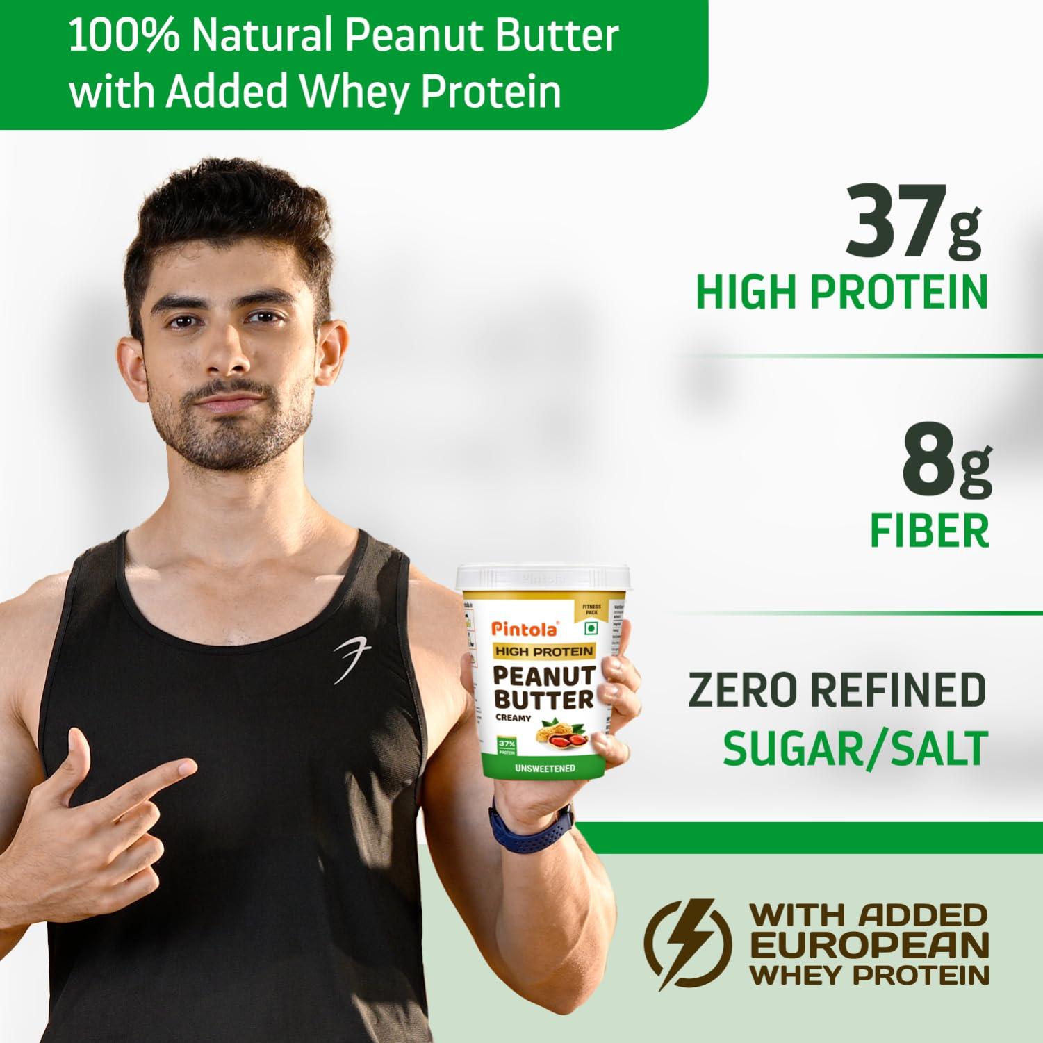 Pintola Pintola High Protein All Natural Peanut Butter | Unsweetened | 37% Protein | Imported Whey Protein and Roasted Peanuts (Creamy, 1kg)