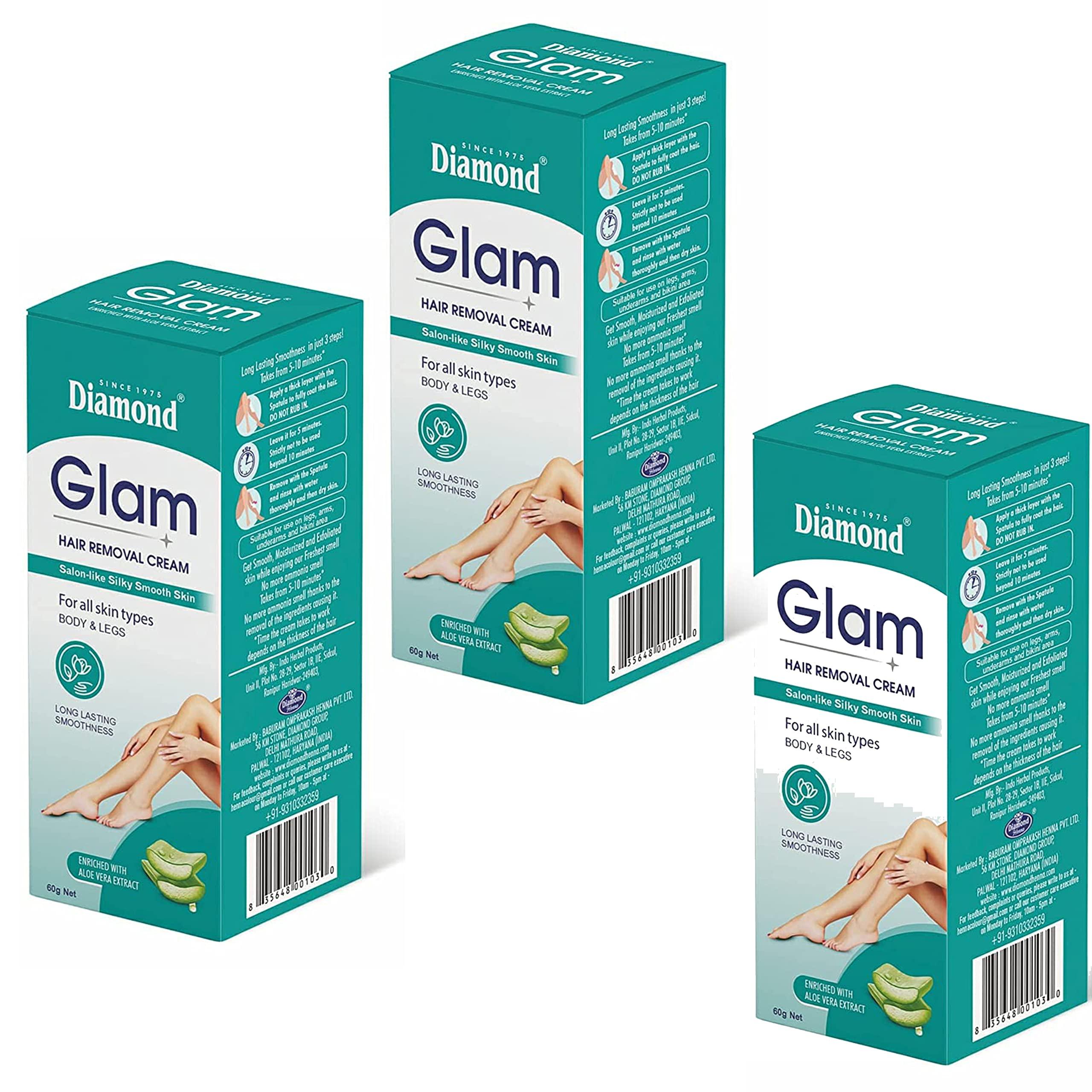 Diamond Diamond Glam Hair Removal Cream for Women With No Ammonia Smell, Normal Skin,Bikini line, Aloe Vera Cream -60g | Suitable for Legs, Underarms, Bikini Line, Arms(Pack of 3)