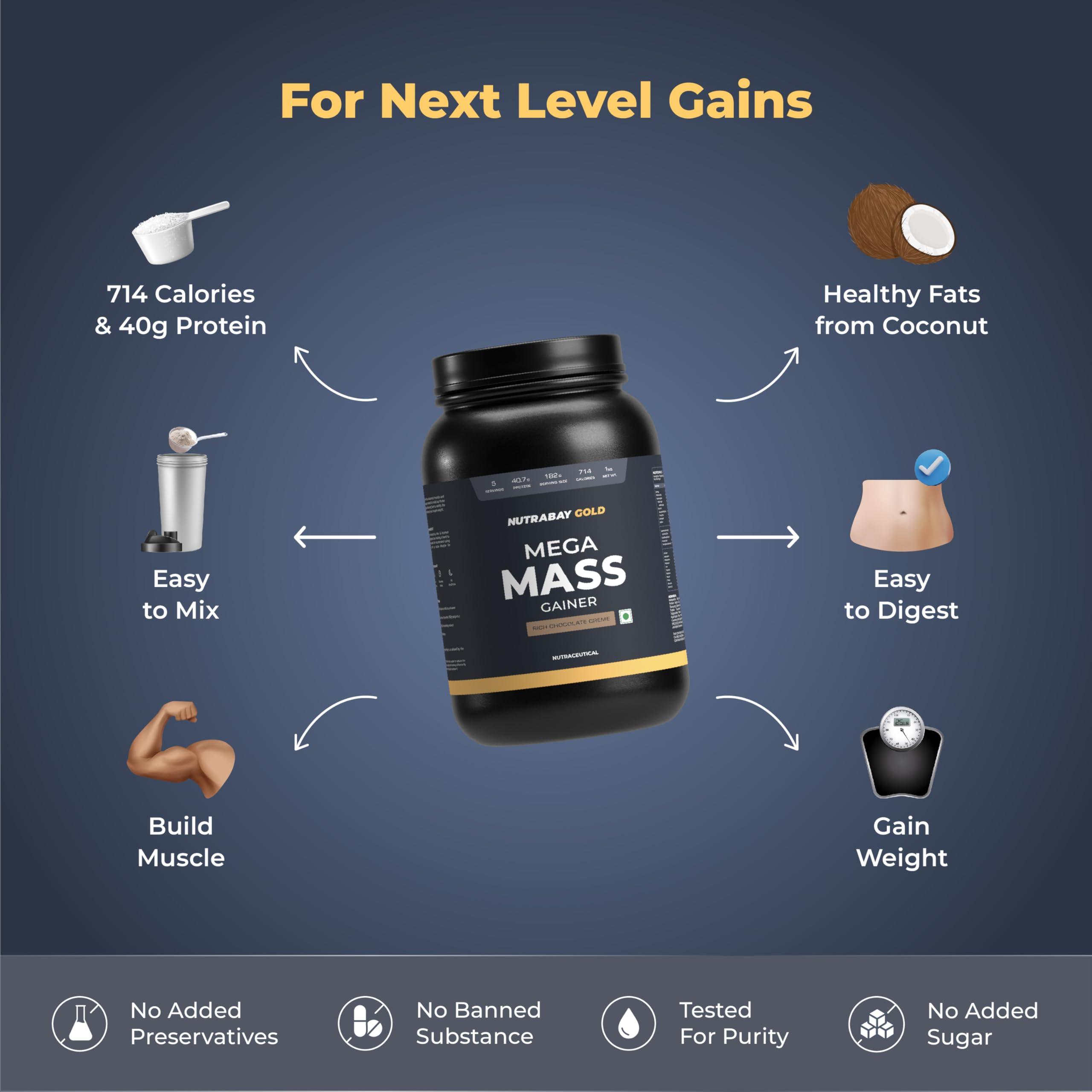 Nutrabay Nutrabay Gold Mega Mass Gainer Powder - 1kg, Rich Chocolate Creme | 100% Veg | 40.7g Protein, 122g Carbs, 714 Calories | Muscle Building & Weight Gainer Supplement for Men & Women