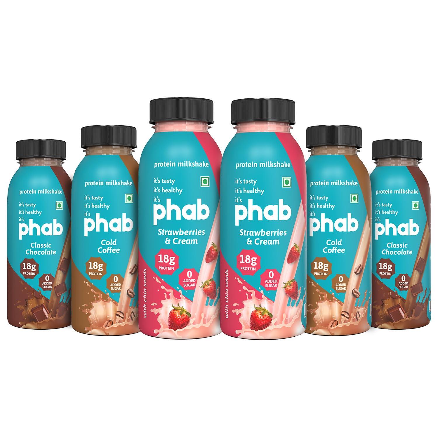 Phab Phab Assorted Protein Milkshakes (200ml, Pack of 24) with 18g Protein & No Added Sugar | Gluten-Free & Gut-Friendly, Trans Fat Free | Rich Source of Fibre & Pre-biotics | Healthy & Delicious Protein Shake