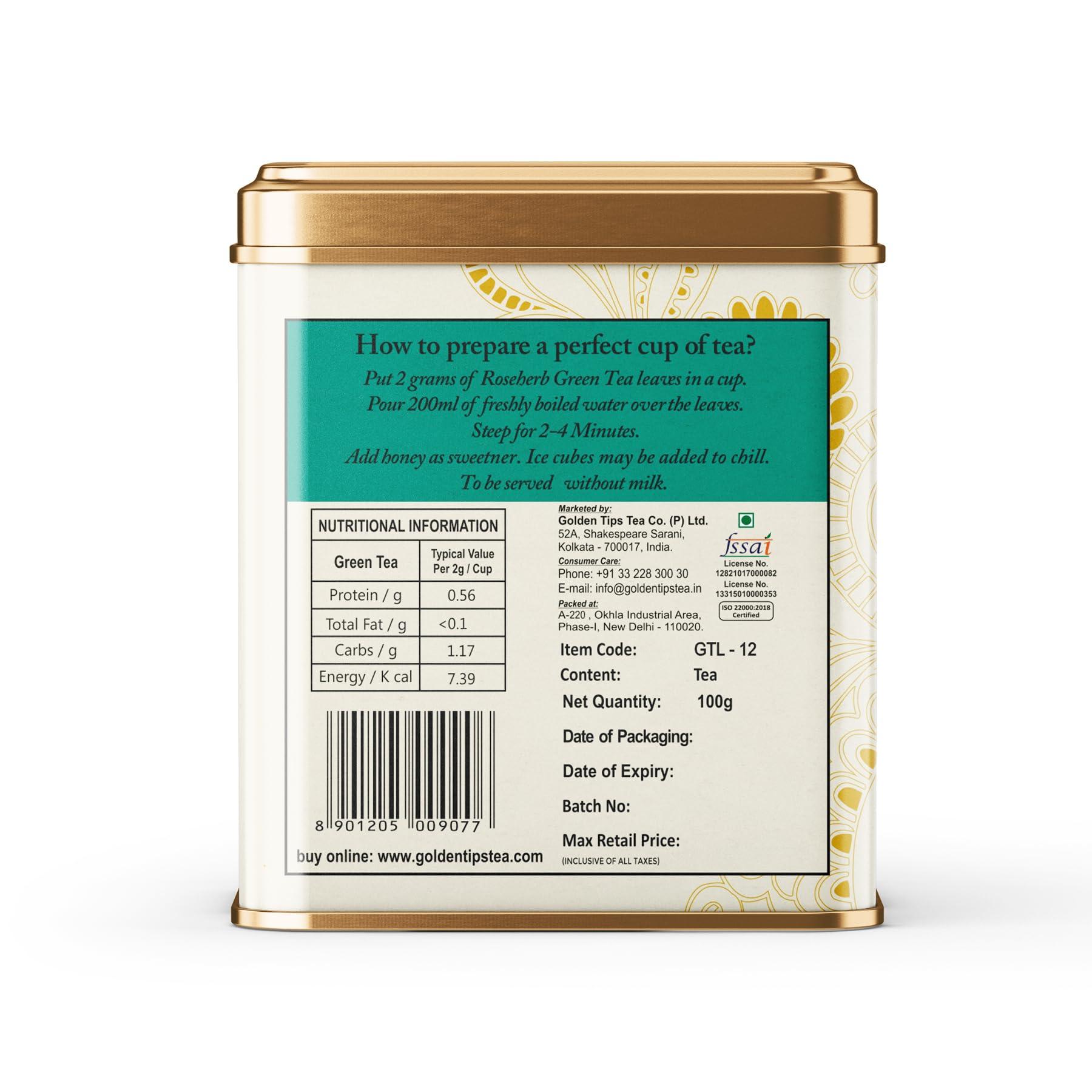 Golden Tips Golden Tips Healthy/ Natural and Organic Loose Leaves Roseherb Green Tea Tin Can (100 Gram , 50 cups)