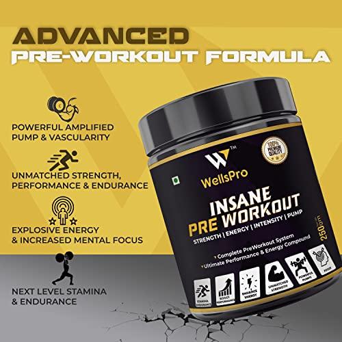 WellsPro Wellspro Insane Pre Workout 250g gym supplements for men Ultimate Performance & Energy Compound with Pump & Vascularity Amplifier, BCAA, Beet root & green tea (Mix Berry Flavor, 16 Servings)