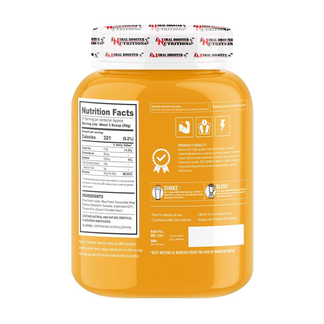 ANIMAL BOOSTER NUTRITION Animal Booster Nutrition Mega Mass Gold Weight Gainer, 35gm Of Protein in 90gm of Serving, For Weight Gain, Build Muscle & Fuel Energy Kesar Pista(11Servings/1KG)