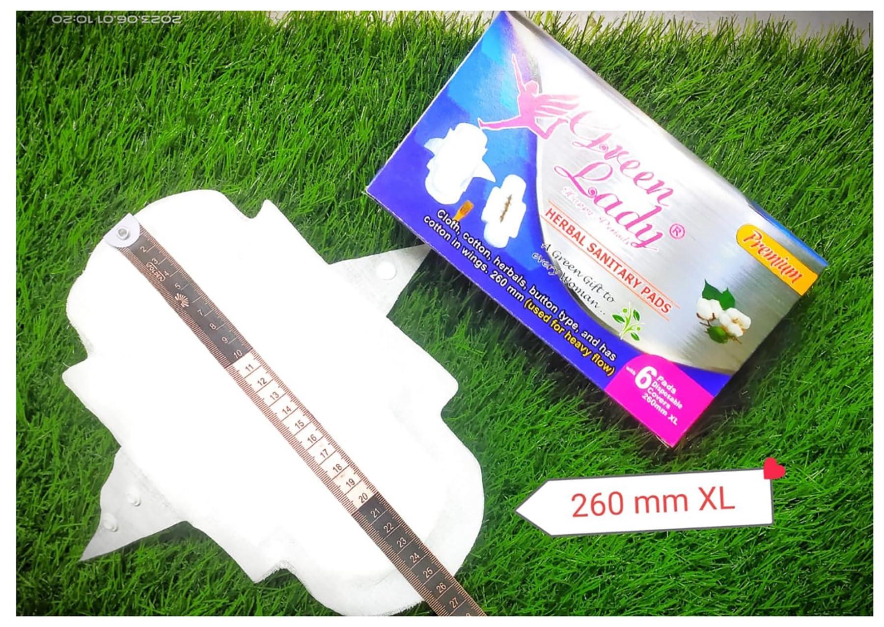 Green Lady Green Lady Premium Organic Biodegradable Herbal Sanitary Napkin Pads/with buttons /6 Pads/Chemical Free and Natural/Upto 100% leakage protection/Odour Control/XXL pad/Disposble wrapper/Rash-Free