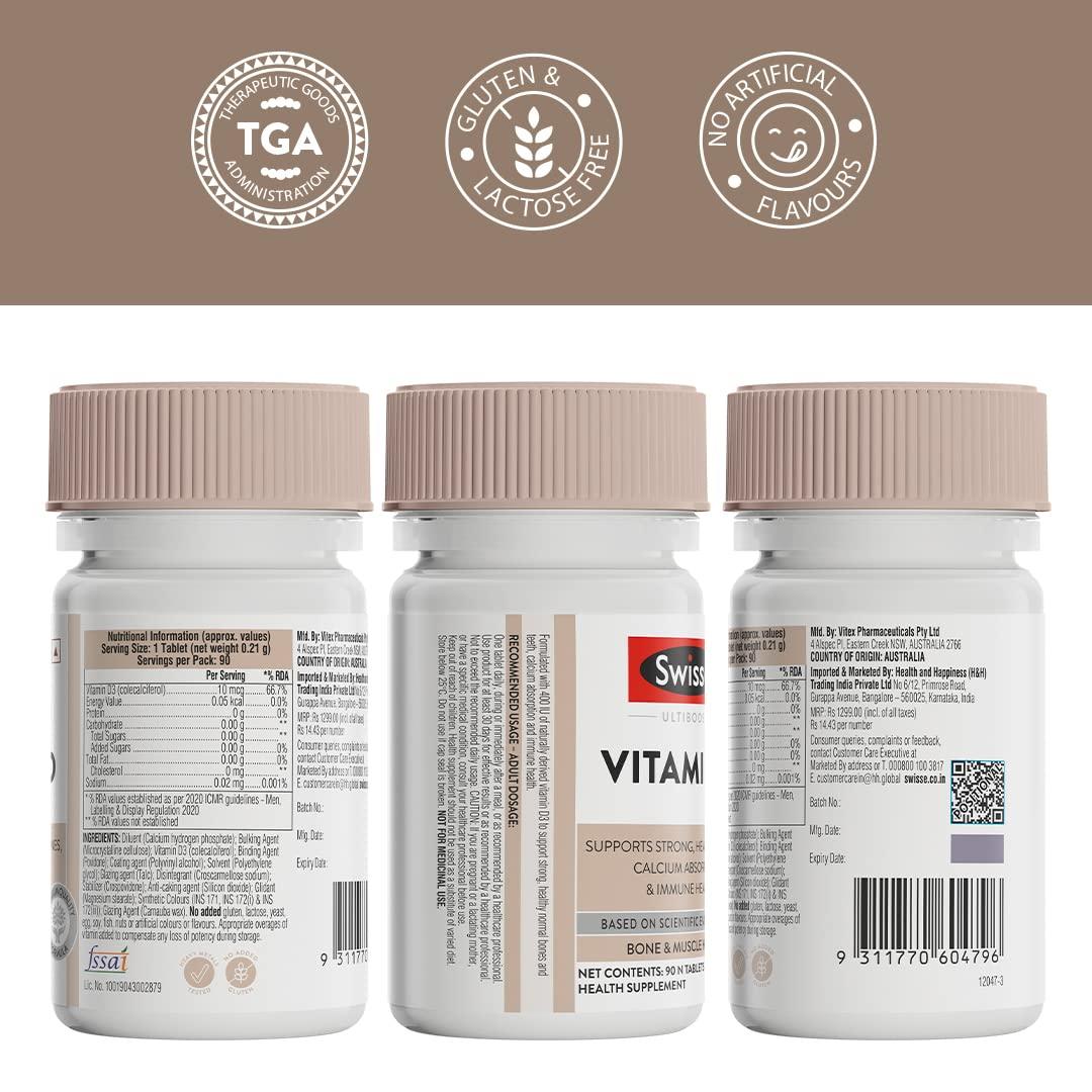 Swisse Swisse Vitamin D - 100% RDA of Vitamin D3 (Manufactured In Australia, Internationally Proven Formula) High Absorption Vitamin D3 For Healthy Bones, Immunity & Strong Muscles (90 Tablets)