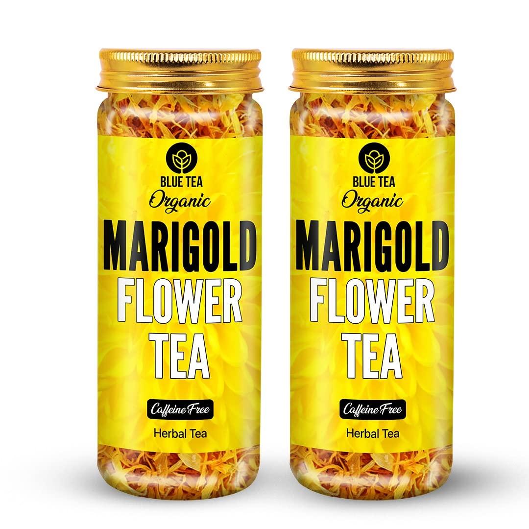 BLUE TEA BLUE TEA - Marigold Tea - 50 Gram (Pack of 2) | Pure Marigold Flower Petals || FLOWER TEA || Ketogenic Diets, No Caffeine or Harsh Additives | Eco-Conscious Pet Jar Pack |