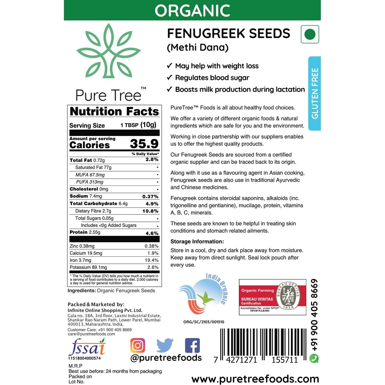 Pure Tree Pure Tree Certified Organic Methi Dana | 400 g | Organic Fenugreek Seeds | Methi Seeds Whole Spices | Menthulu Seeds | Vendayam | Rich in Aroma and Flavour