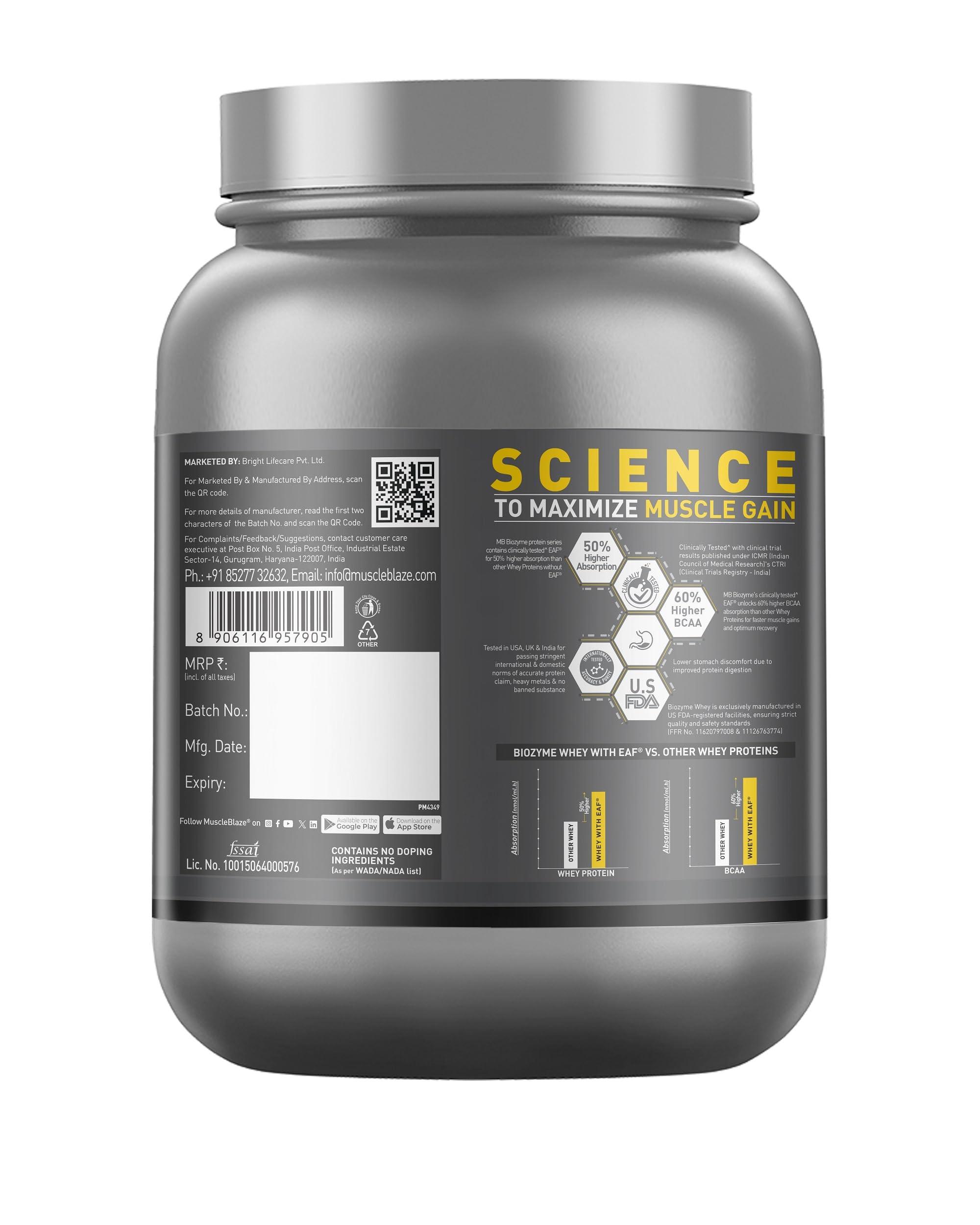 MuscleBlaze MuscleBlaze Biozyme Performance Whey Protein | Clinically Tested 50% Higher Protein Absorption | Informed Choice UK, Labdoor USA Certified & US Patent Filed EAF (Rich Chocolate, 750 g / 1.6 lb)