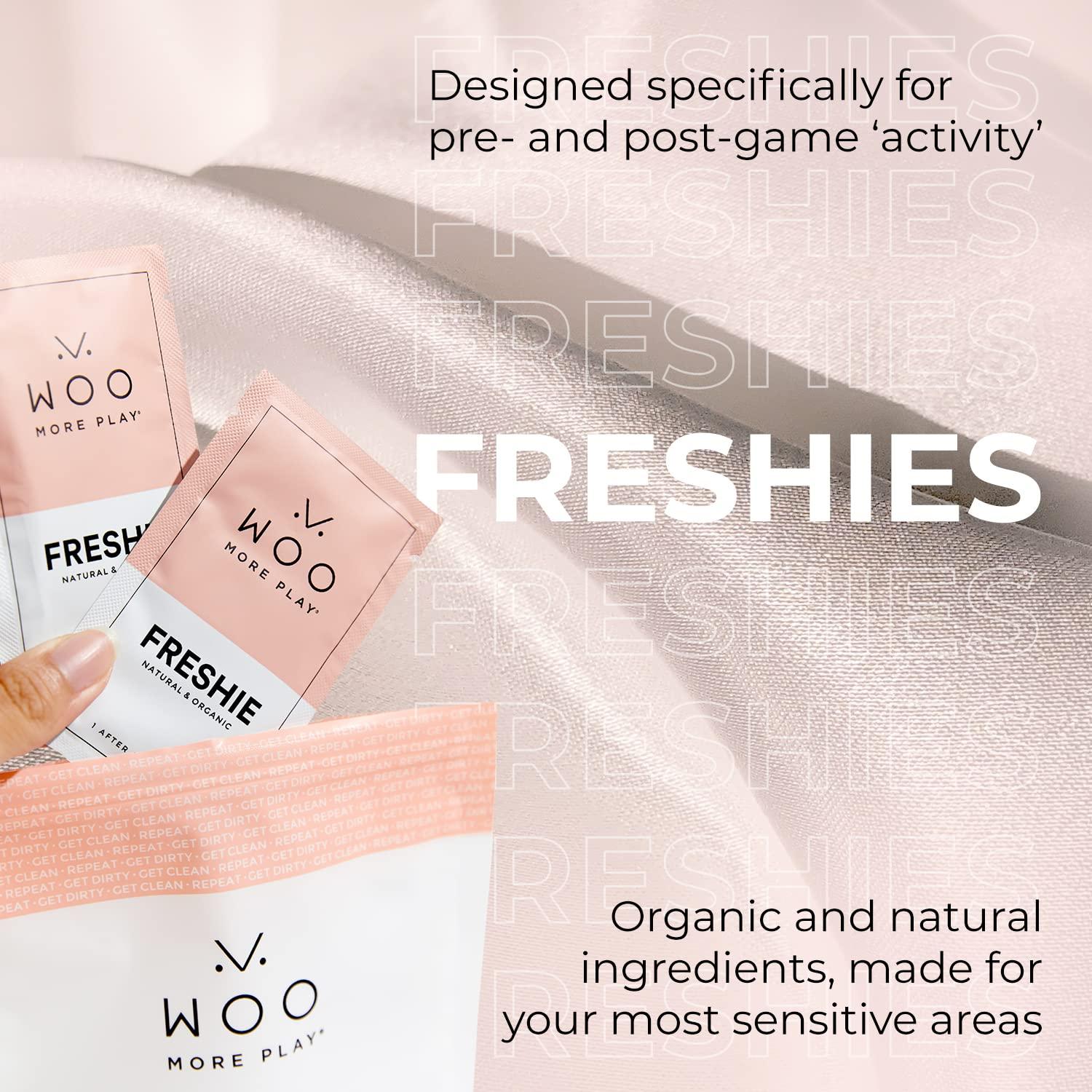 Woo More Play Woo More Play: Freshies - 10ct - All-Natural Towelettes - Refreshing Aroma - Vitamins, Antioxidants, and Antibacterial - Promotes Healthy Skin - Reduce Risk of Inflammation/UTIs