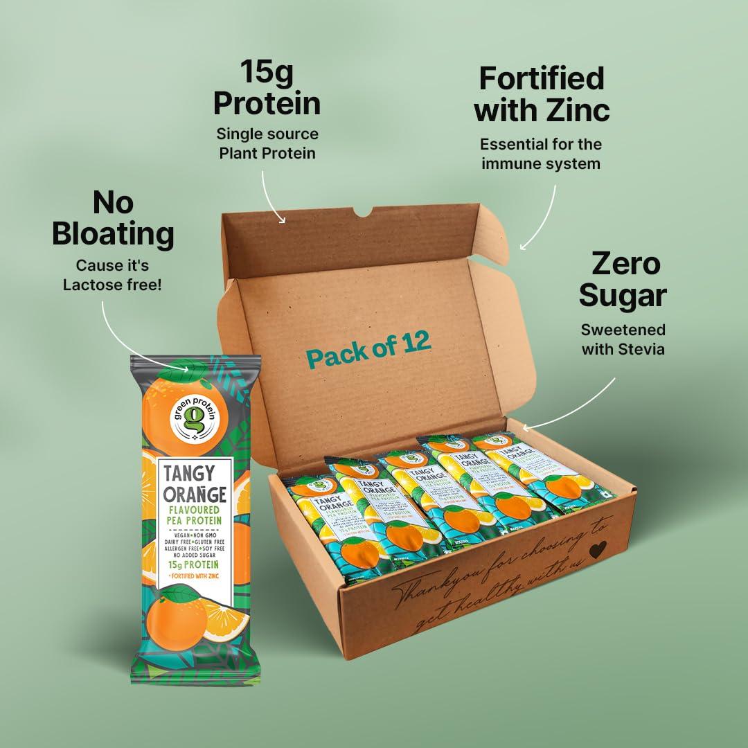 Green Protein GREEN PROTEIN Vegan Plant Pea Protein Isolate Powder, 15gm Protein Per Serving, No Added Sugar, 100% Vegan, Soy Free, Dairy Free, Gluten Free, Allergen Free, Orange Flavor, Pack Of 12, 23 gm each