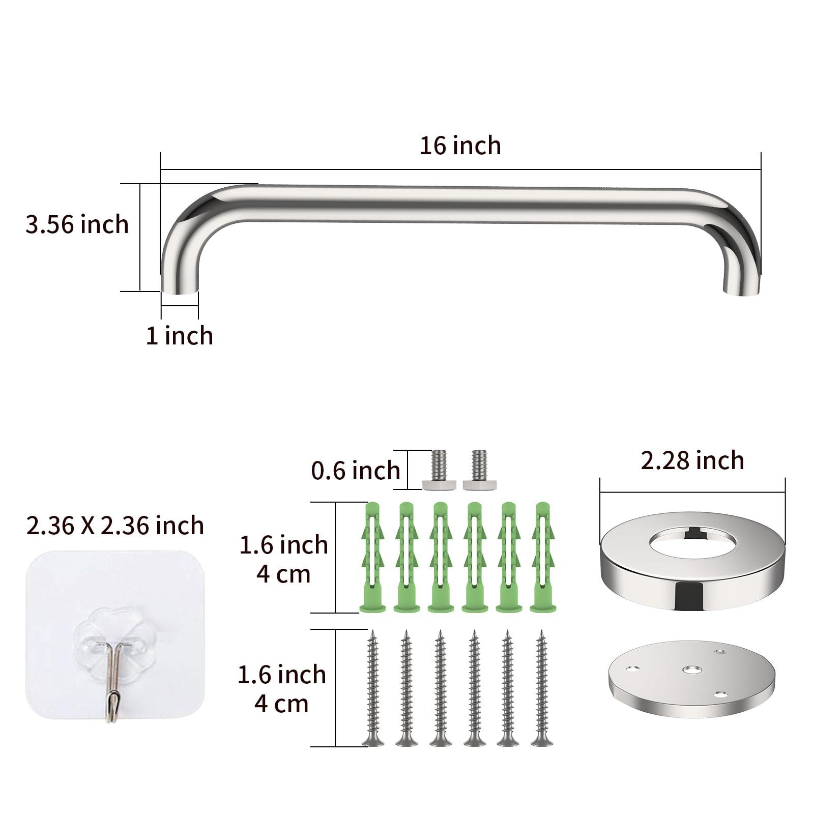 ZUEXT 16 Inch Stainless Steel Shower Grab Bar, ZUEXT Chrome Shower Handle, Bathroom Balance Bar, Safety Hand Rail Support Bar for Handicap Elderly Injury, Senior Assist Bath Tub Wall Concealed Mount Handle