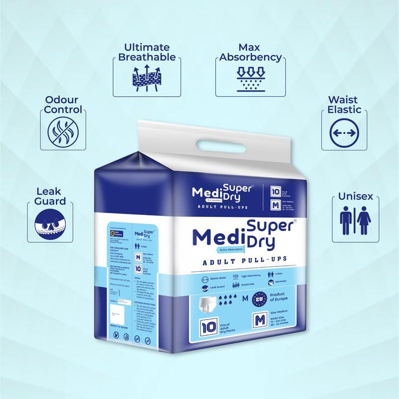 MediSuperDry MediSuperDry Adult Diaper Pants, Unisex -Medium (M) Size, Adult Pull-Ups, High Absorbency, Leak Proof, Overnight Protection, Elastic Waist Size (71-110 Cm | 28-44 Inches), 30 Pieces, Pack Of 3