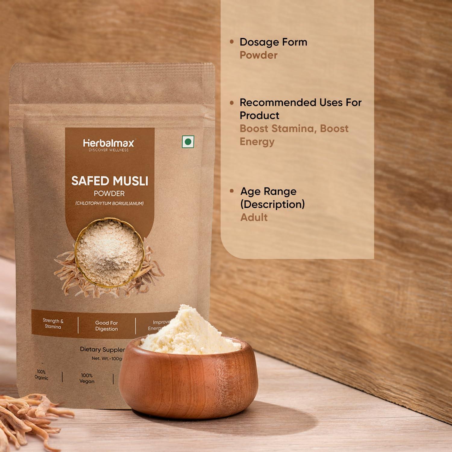 Herbal max Herbal max Organic Safed Musli Root Powder - 100 gm | Ayurvedic Support for Vitality & Performance | Herbal Supplement | Strength & Stamina