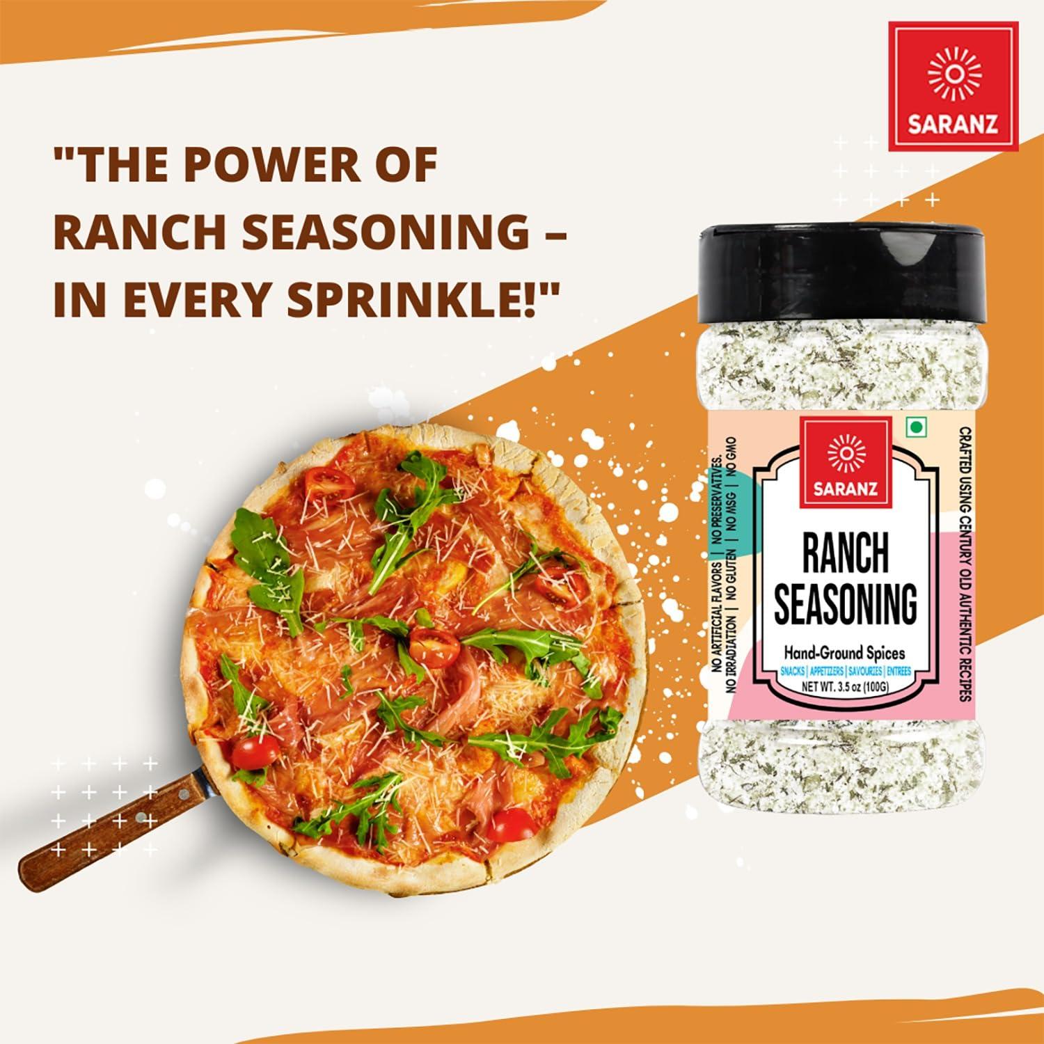 SARANZ SARANZ Ranch Mix Exotic Seasoning Perfect for Snacks, Appetizers, Savouries|Ranch Mix Seasoning with Fresh Ingredients For Dressing | Aromatic and Flavoured Vegan Seasonings |Used Ranch Mix Seasoning in Sauces, Marinades, Dressing, Snacks-100 Grams S
