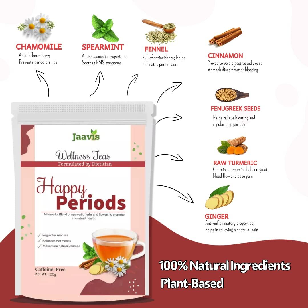 Jaavis JAAVIS Happy Periods Tea | For PCOD & PCOS | Dietitian Formulated | Regularise Periods & Promotes Hormonal Balance | Caffeine-Free | 100g