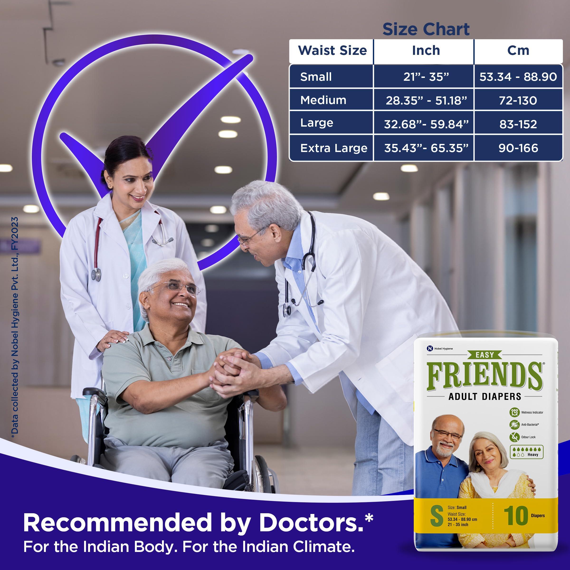 Friends Friends Easy Adult Diapers Tape Style - 30 Count (Small) with odour lock, Unisex, Leakproof, Wetness Indicator and Anti-Bacterial Absorbent Core- Waist Size 22.44-39.37 inch; 57-100 cm