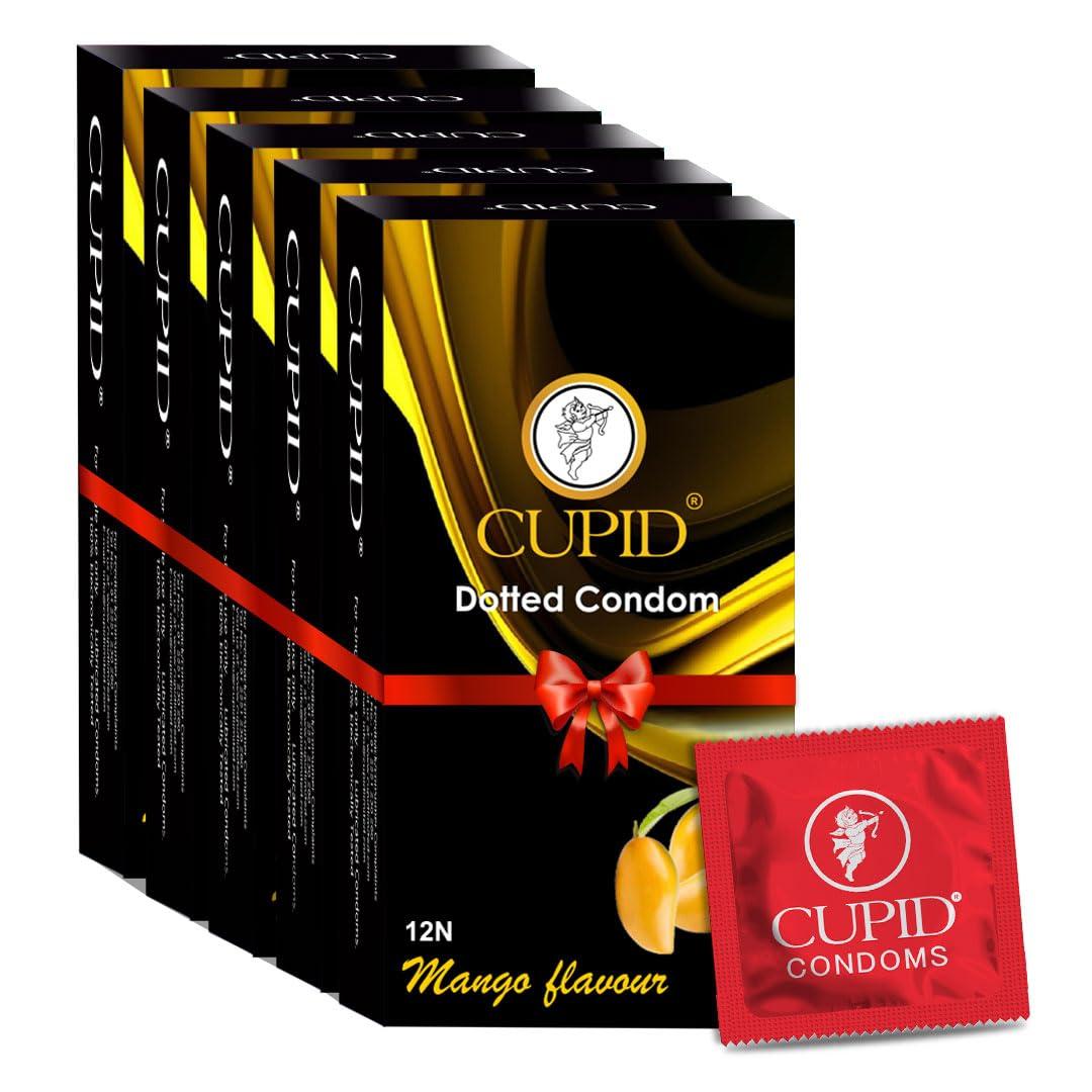Cupid Limited Cupid Dotted & Flavoured Condoms Mango Flavour (Pack of 5) | Lubricated & Multitextured Condoms | For Her Enhanced Pleasure | Pack of 5, 12 Pcs Each