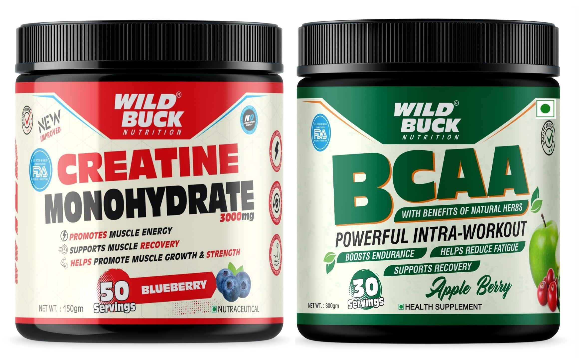 WILD BUCK WILD BUCK Creatine Monohydrate, 100% Pure Creatine, Energy Support Supplement [50 Servings, Blueberry] + Bcaa Powder For Muscle Endurance, For Women & Men [Apple Berry, 30 Servings, 300G]