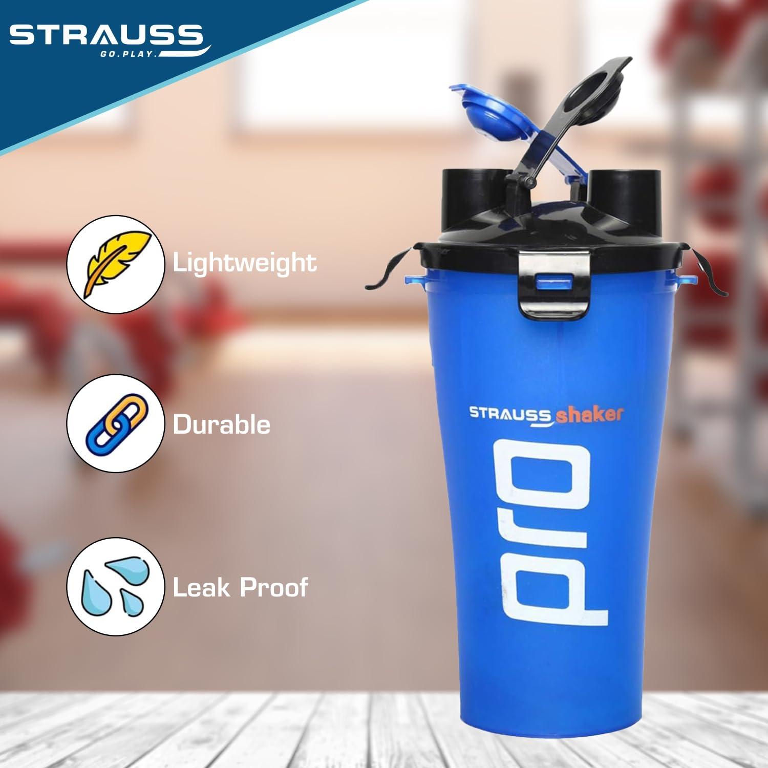 STRAUSS STRAUSS Dual Shaker Pro | Pre & Post Protein Shake On the Go | Leakproof and BPA-Free Material | Dual Shaker Bottle | Protein Shaker Bottle for Gym | Suitable for Both Men and Women, 700ml,(Blue)