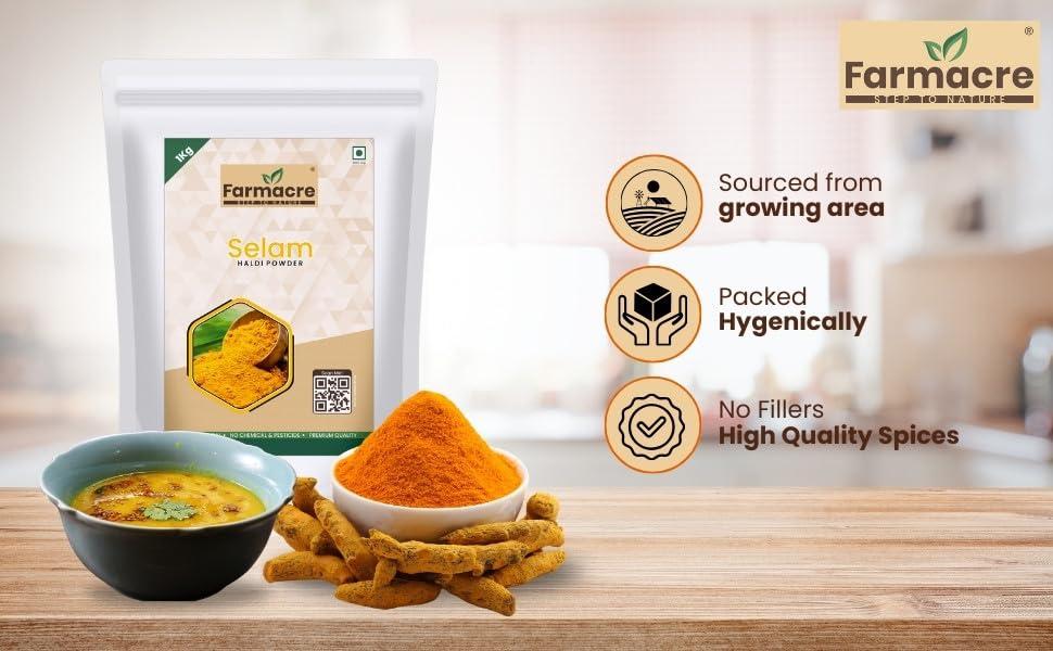 Farmacre With Logo Farmacre Selam Haldi Powder/Turmeric Powder/Natural Haldi Powder - 250 gms Pack | Product Of Cow Based Natural Farming (CBNF) | Product Of Chemicals Free & Pesticides Free (250 gm)