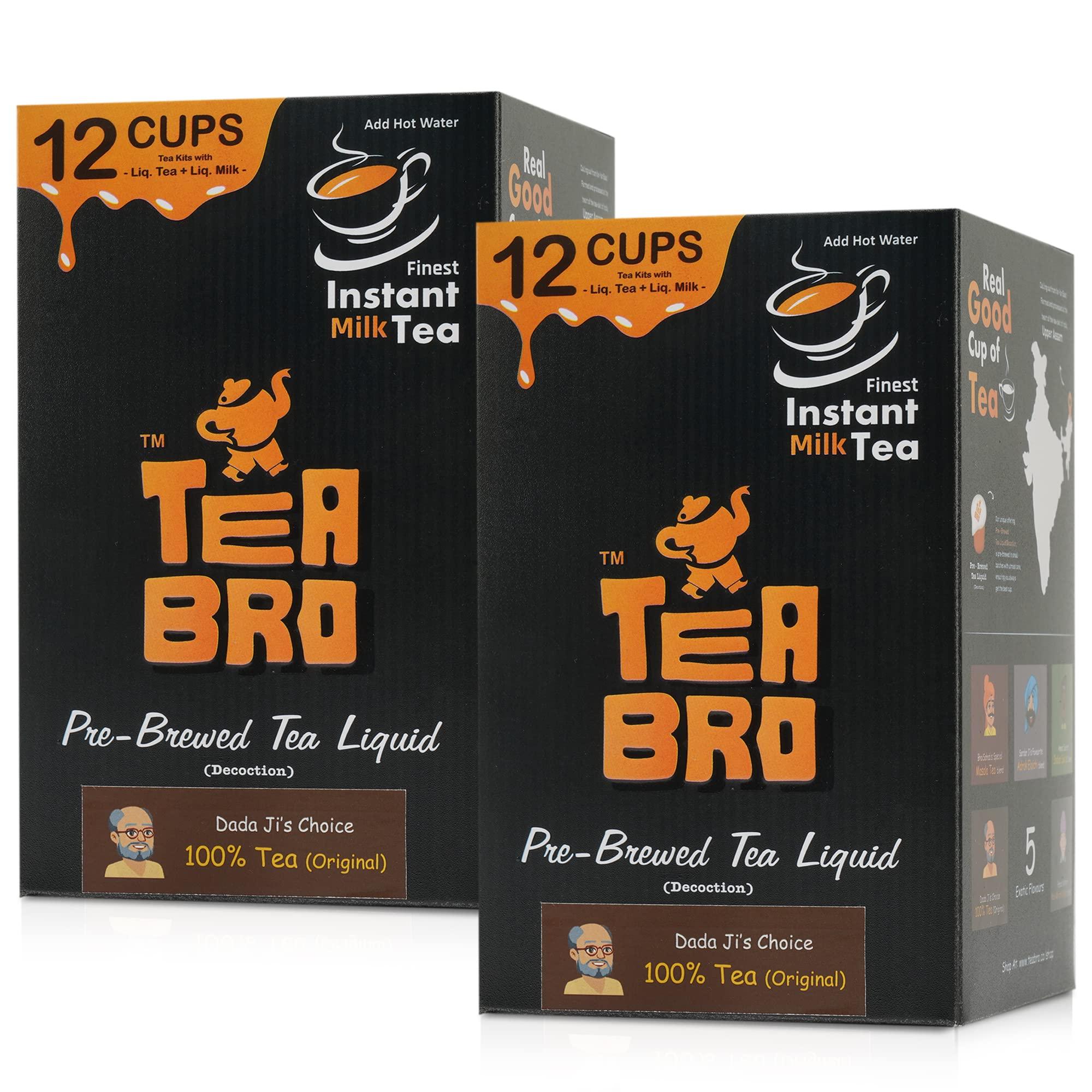 TEA BRO TEA BRO, Instant Milk Tea (100% Tea Original) Pack of 2 | Pre-Brewed Tea Liquid Decoction (Concentrate) | Just Add Hot Water | Per Pack - 12 Tea Kits with (Liq.Tea + Liq.Milk + Sugar) DadaJis Choice, 100% Tea (Original)