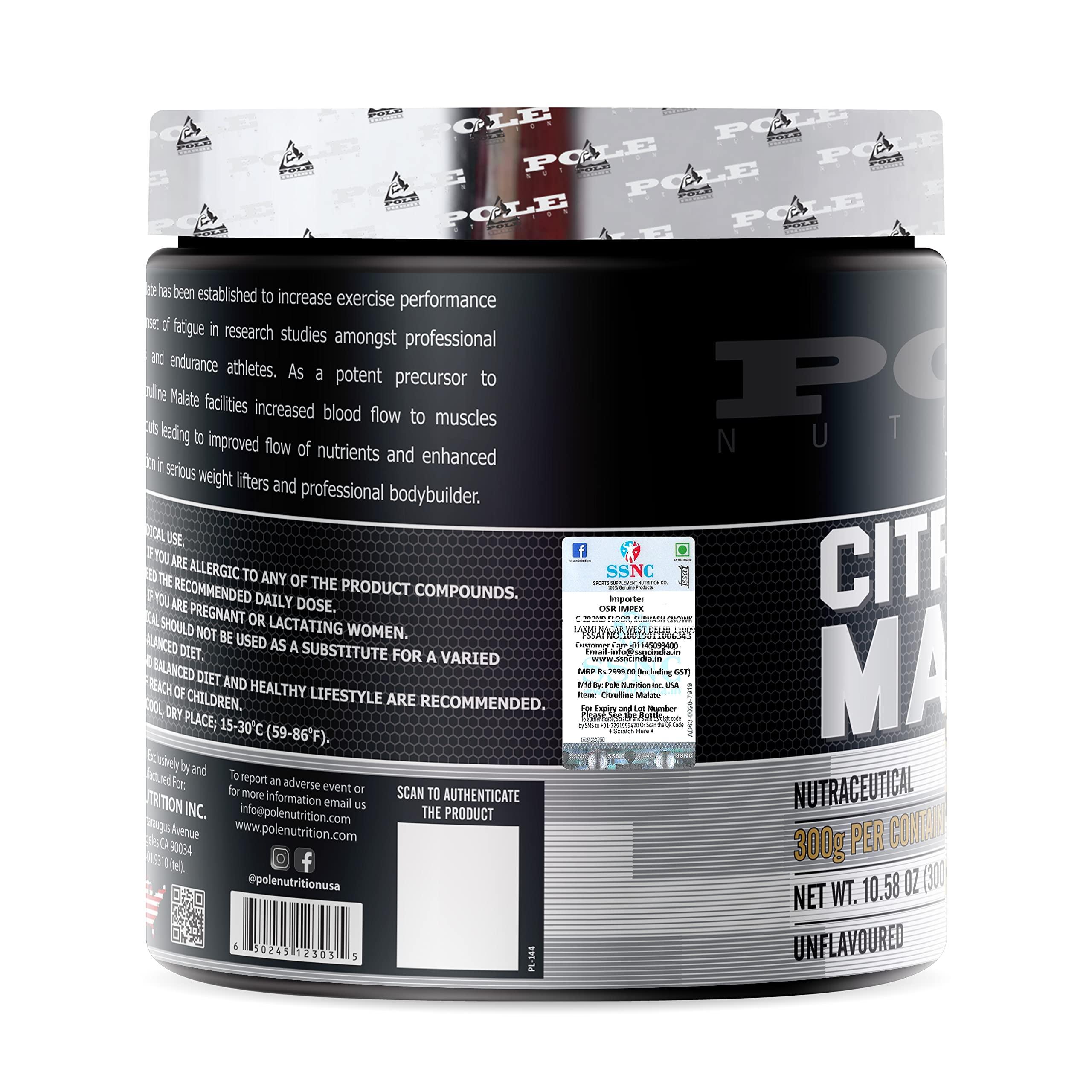 POLE NUTRITION PRO6 Pole Nutrition Citrulline Malate - Unflavored 300g | Boost Endurance & Recovery | Premium Nitric Oxide Support