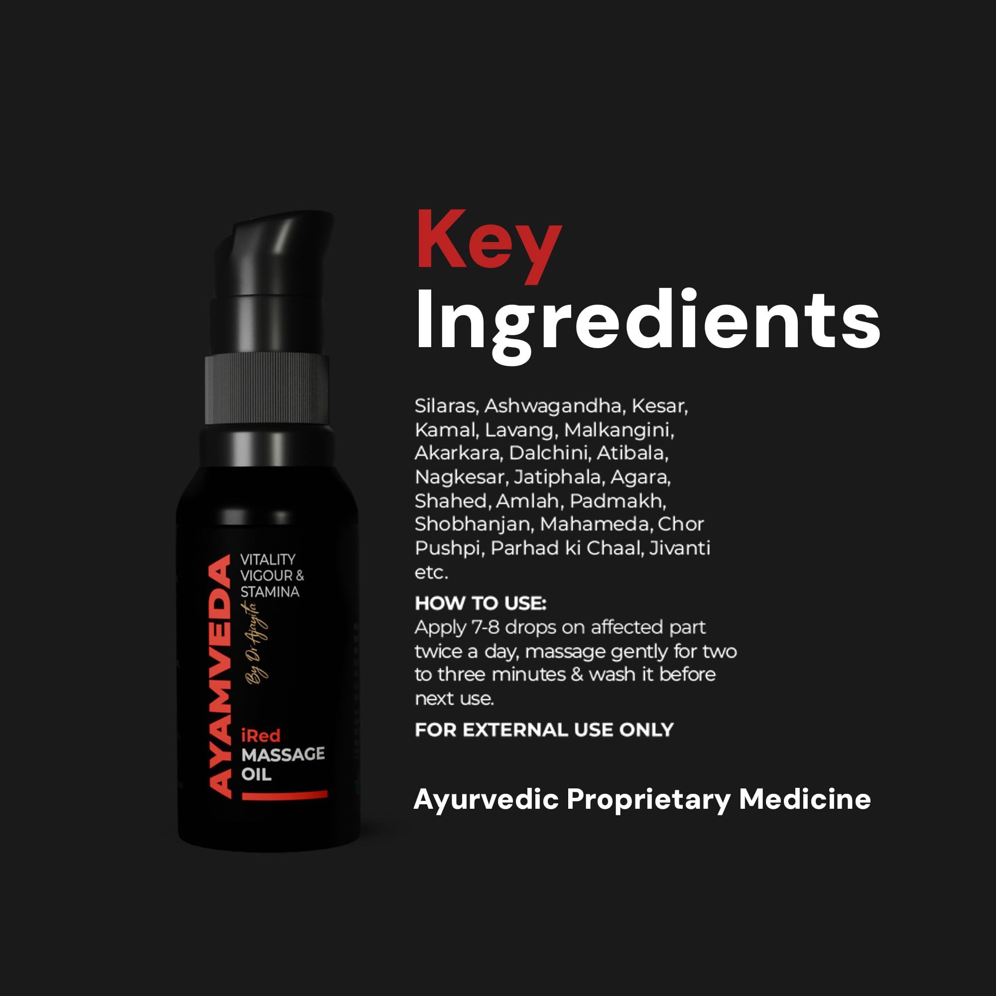AyamVeda AyamVeda by Dr.Ajayita - iRed Massage Oil For Men with 60+ Premium herbs like Ashwagandha I Strength and Stamina Destroyer of Weakness (60 Days Pack) For External Use Only | No Side Effects