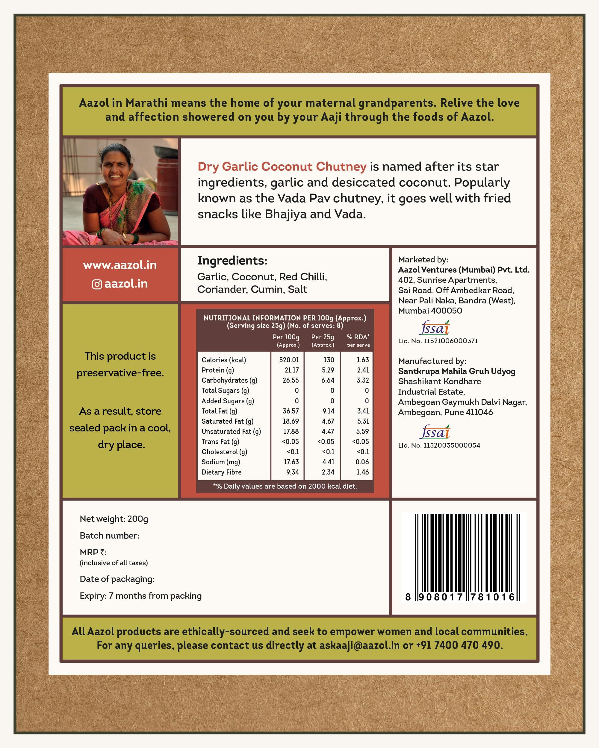 AAZOL Aazol Vada Pav Chutney: Dry Garlic Coconut Chuntey - 600gms (Pack of 3-200gms each) | Authentic & Spicy | Ideal with Idli, Dosa & Fried Snacks | Ready-to-eat Chutney | Long Shelf Life