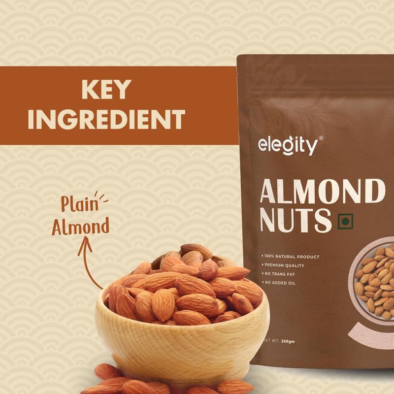 ELEGITY Elegity 100% Natural Plain California Almonds Pouch 250 gm | Nutritious & Delicious Badam | High in Fiber & Boost Immunity | Rich in Protein, Tasty Nuts | No Preservatives Added in Dry Fruit