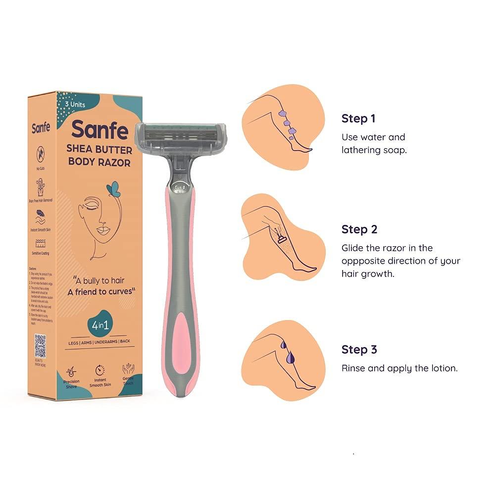 Sanfe Sanfe Shea Butter Body Razor, 50 g, Pack of 3 & Sanfe Glide Reusable Face & Eyebrow Razor For Women - 3 pcs