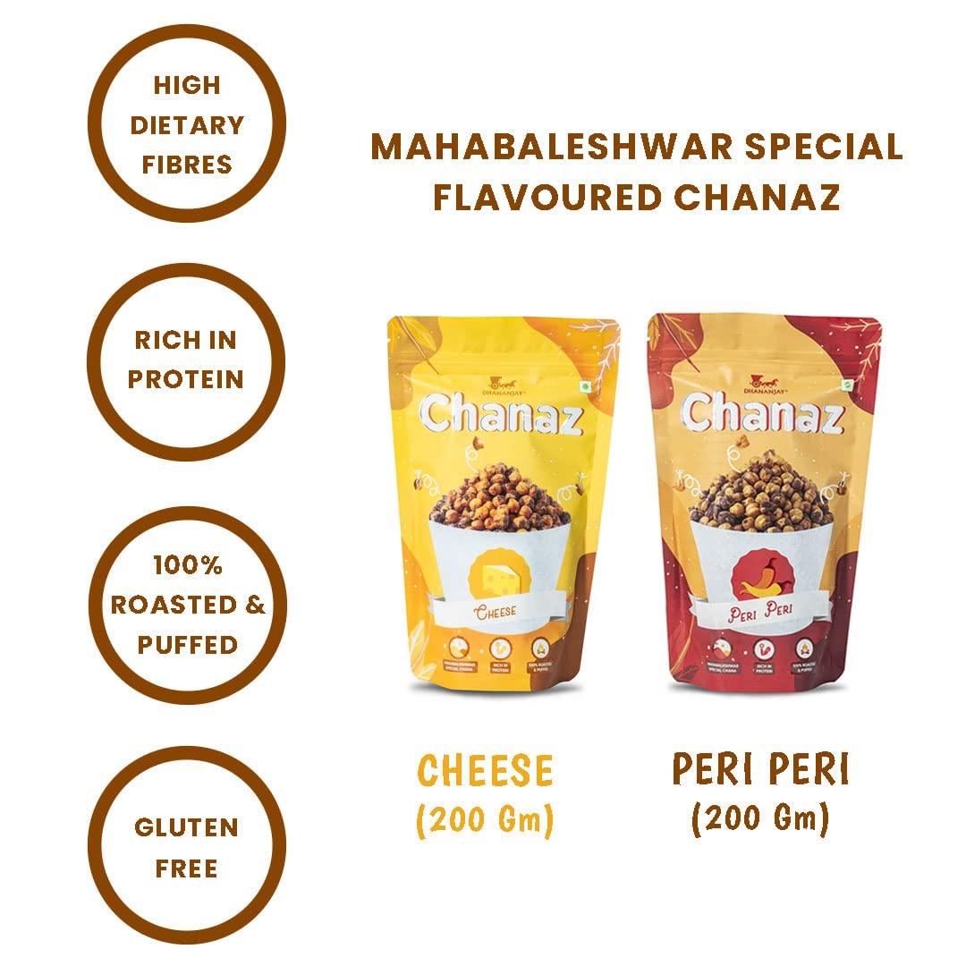DHANANJAY DHANANJAY Roasted Flavoured Mahabaleshwar Chana (Chickpeas) | Gluten Free | Rich In Protein | 100% Roasted And Puffed | Pack Of 2 (Cheese 180 G & Peri Peri 180 G)