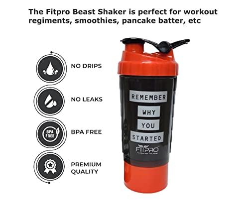 PREM PLAST INDUSTRIES Beast RED Cyclone Gym Shaker 500 ML Shaker Bottle with Extra Protein Compartment 100% Leakproof