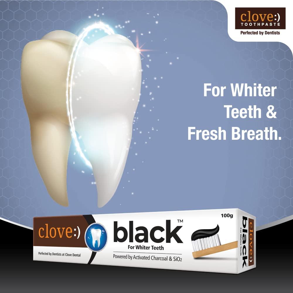 Clove Clove Black Toothpaste for Whiter Teeth powered by Activated Charcoal & SiO2. Formulated by dental experts- 200gms (100gm*2) Combo Pack